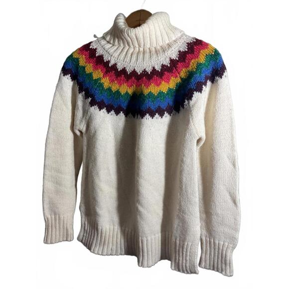 Alya White Wool Blend Turtleneck Sweater with Colorful Pattern Large - Picture 9 of 10